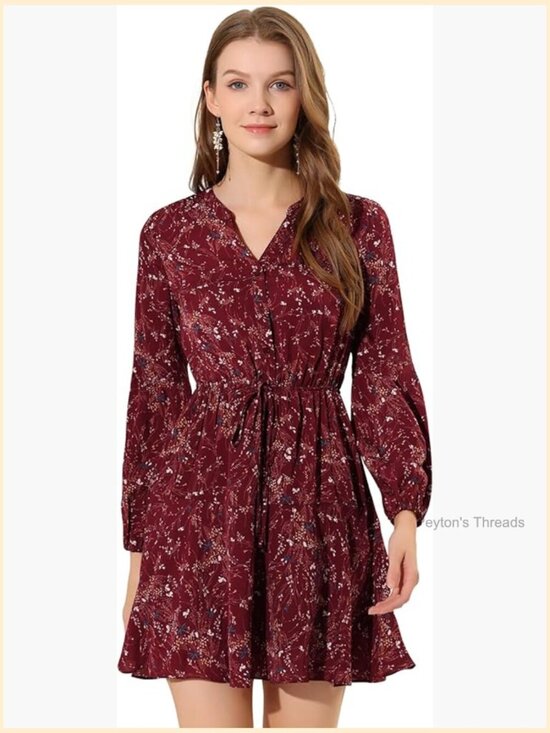 Dresses & Skirts - Allegra K Women's Button Front Tie Waist Vintage Long Sleeve Floral Dresses